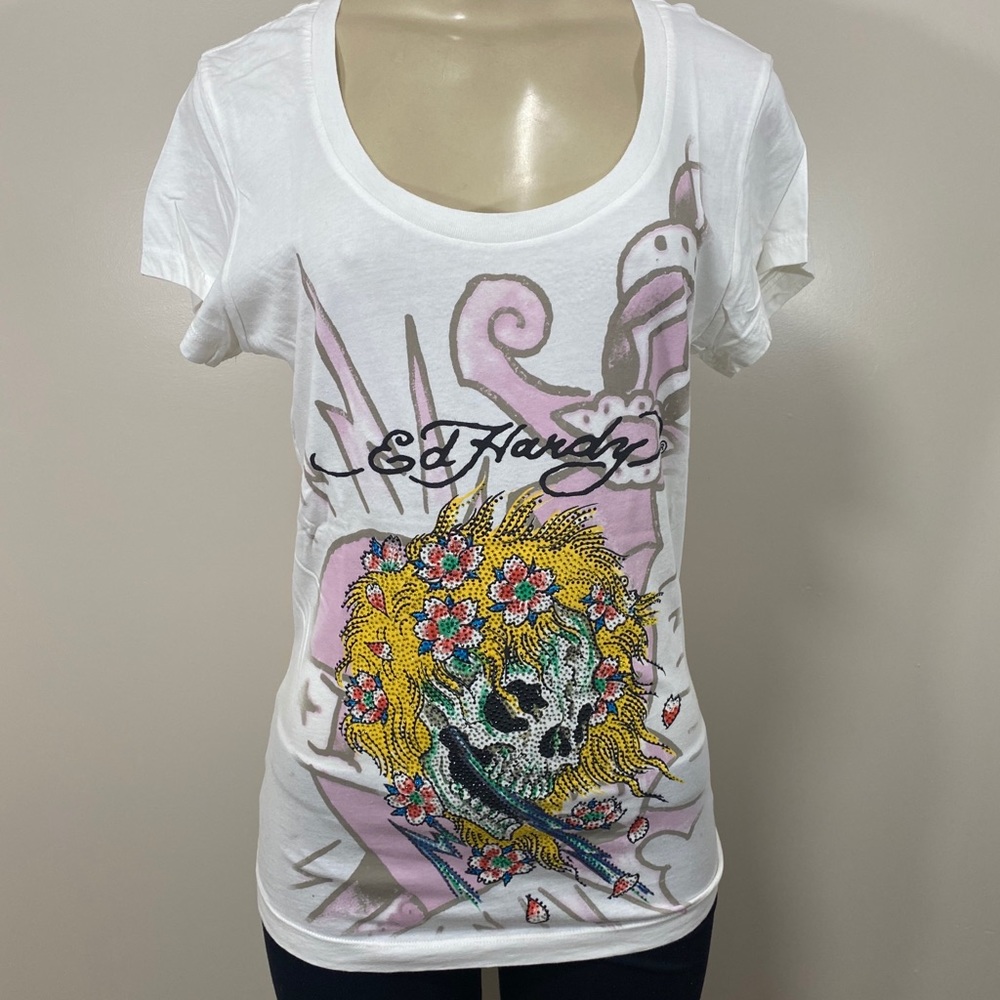 Ed Hardy Women Off White Beautiful Ghost Shirt